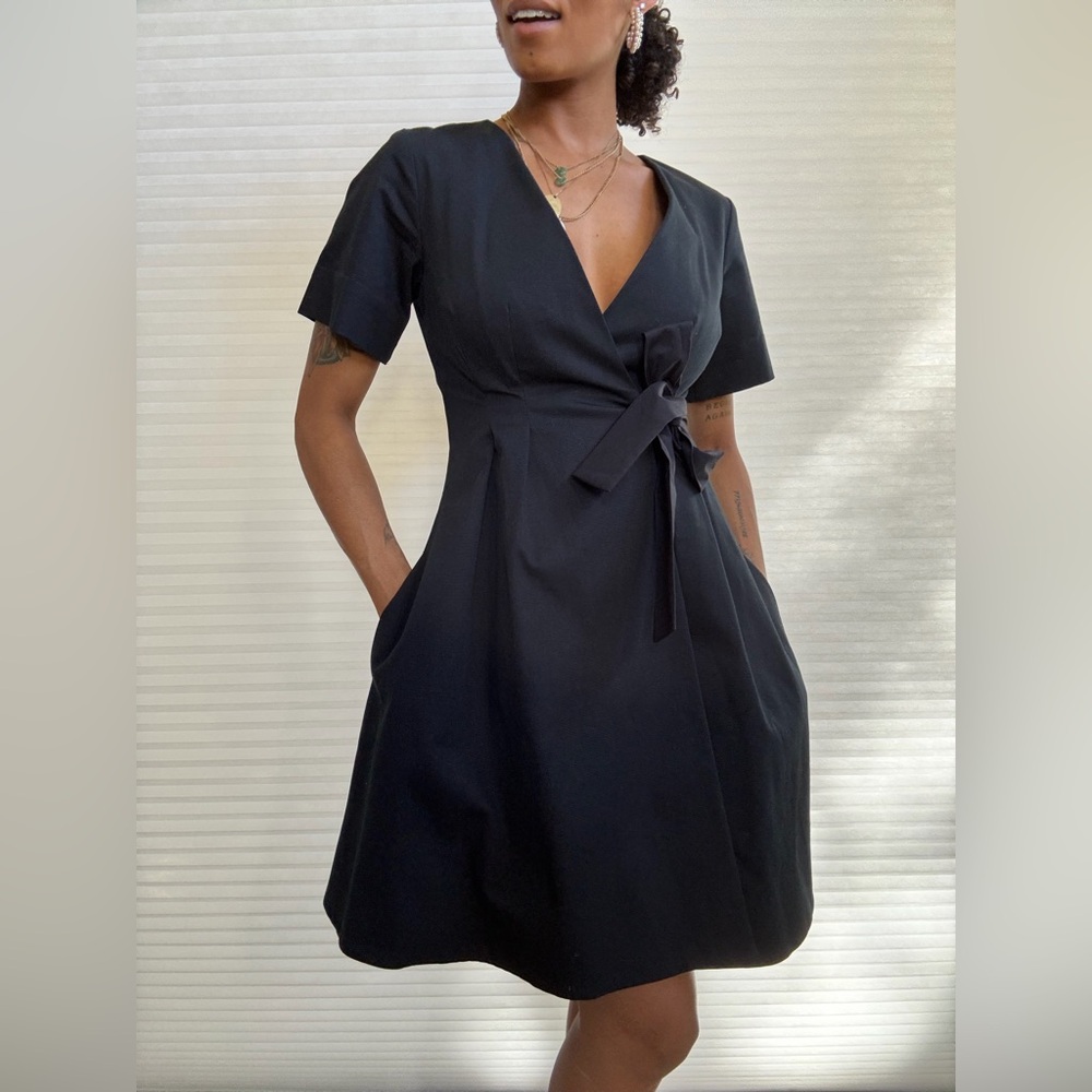 COS Navy Blue Textured Wrap Dress | Short Sleeve Minimalist A-Line - Picture 10 of 16